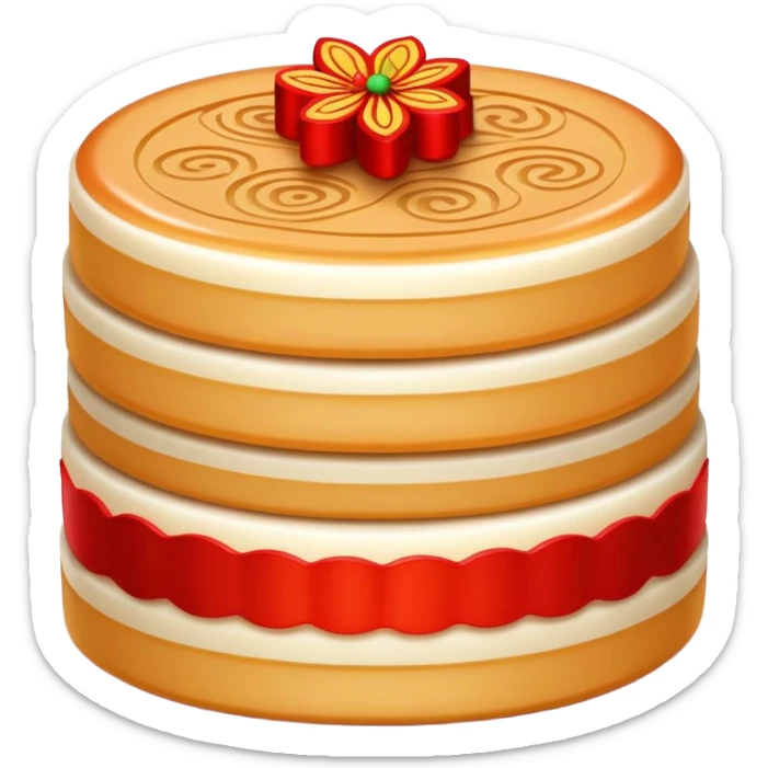 Chinese New Year Nian Gao sweet rice cake with red decorations, simplified emoji style with bold outlines and bright colors, cartoon style sticky new year dessert sticker