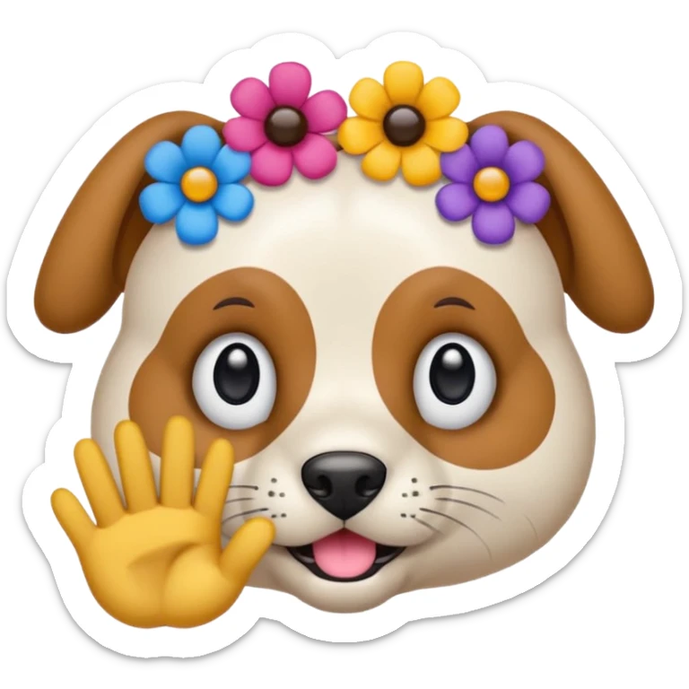 Un emoji con expresión tierna y tímida, ojos grandes y brillantes como de cachorro, con las mejillas apoyadas en las manos, y flores pequeñas de colores (rosas, azules y lilas) decorando la cabeza y los brazos. sticker