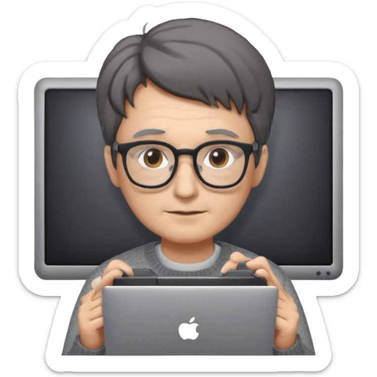 Profesor de pelo gris marrón oscuro con gafas un  jersey gris y un ordenador los óleos son marrones con poca cantidad de pelo sticker