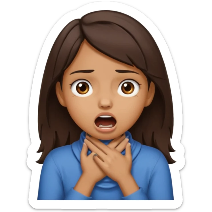 girl with tan skin and dark brown hair with two hands on her neck (overlapping) choking with mouth open and eyes crazy sticker
