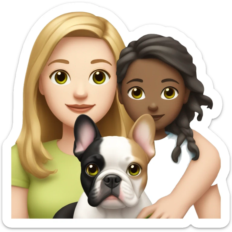 white human Mom with light brown hair and green eyes, white human daughter with light brown hair and blue eyes, and one white French bulldog with black  sticker