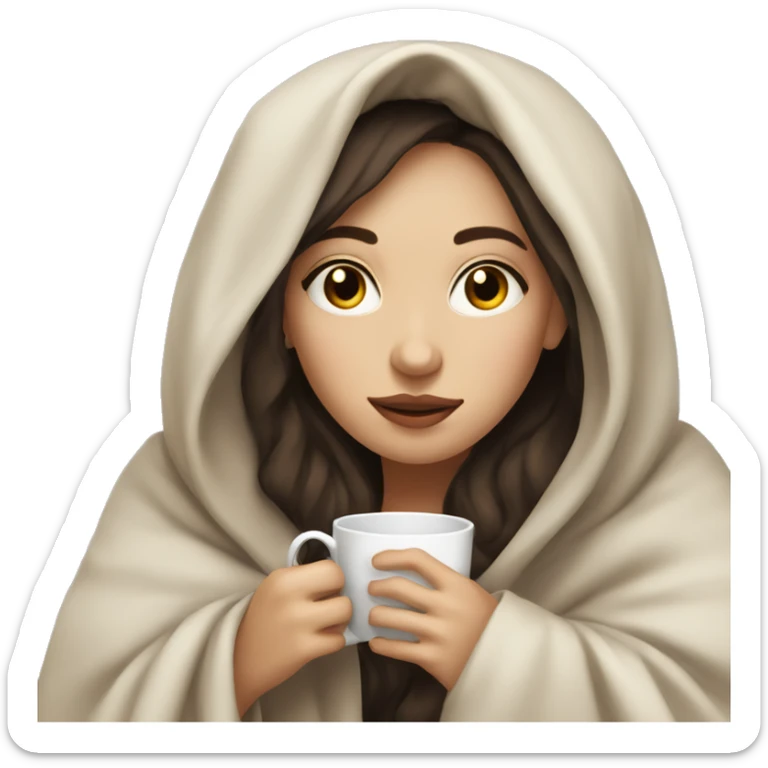 brunette girl white skin inside a blanket sipping tea eyes closed sticker