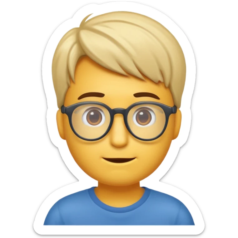 Erstell mir ein emoji von einer gut aussehenden Person. Diese sollte Männlich, ohne Bart mit Brille, guter Frisur und jung sein. Er soll sehr intelligent wirken, noch dazu sollte man sein T-shirt oder Hoodie sehen. sticker
