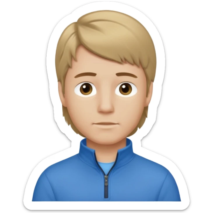 boy with dark blonde hair in a mullet with a neat blue shirt and quarter zip sticker