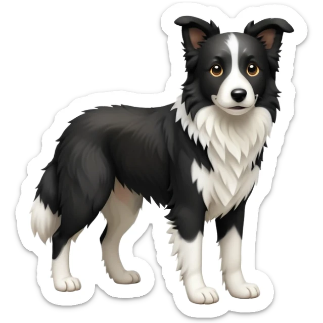 cinematic-[border collie dog]-realistic-full-body-sitting-emoji,-tail-resting-loosely-beside-its-paws,-head-tilted-dramatically,-scruffy-[black and white]-fur,-simplified-yet-realistic-focused-features,-highly-detailed,-glowing-with-an-almost-sarcastic-glow sticker