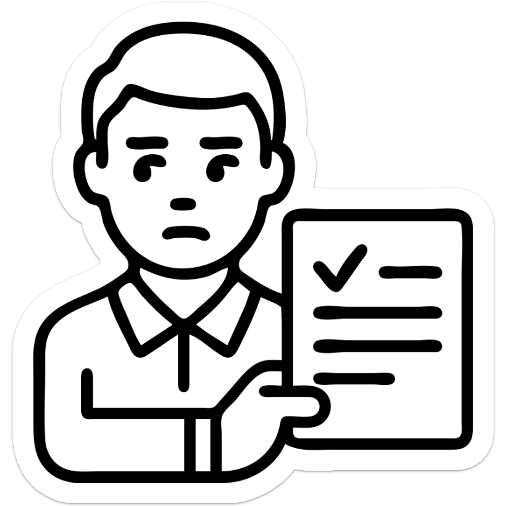 man committing loan perjury, with a document and shifty eyes sticker