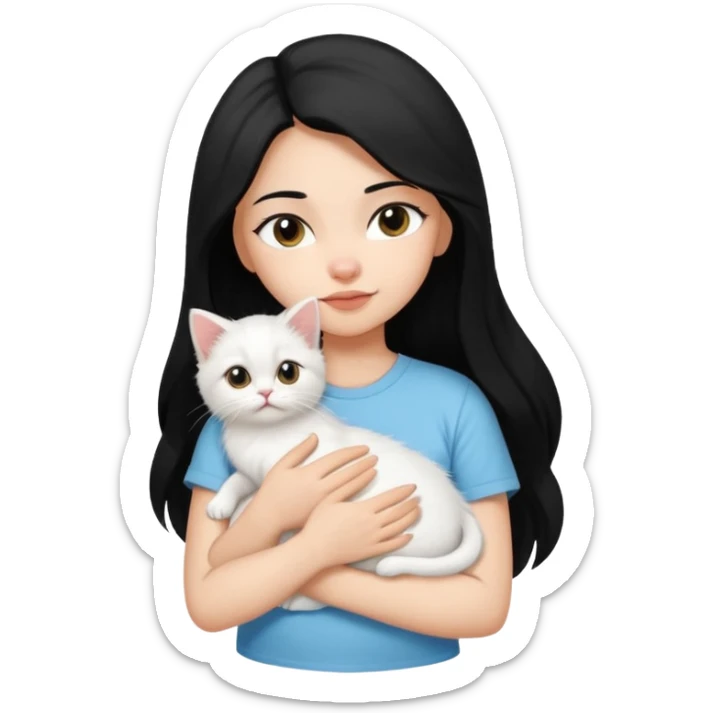 a girl with long dark black hair, in a white t-shirt, hugs a persian kitten 3 months old black and white one cat. emoji | AI Emoji Generator sticker