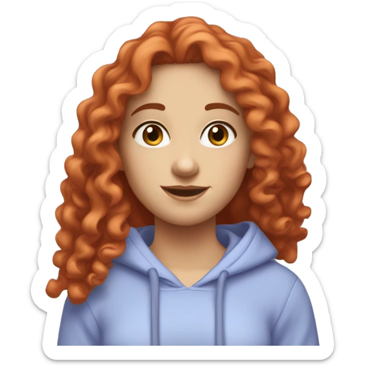 a white girl with long red curly hair, wearing a pastel periwinkle hoodie doing a pose sticker