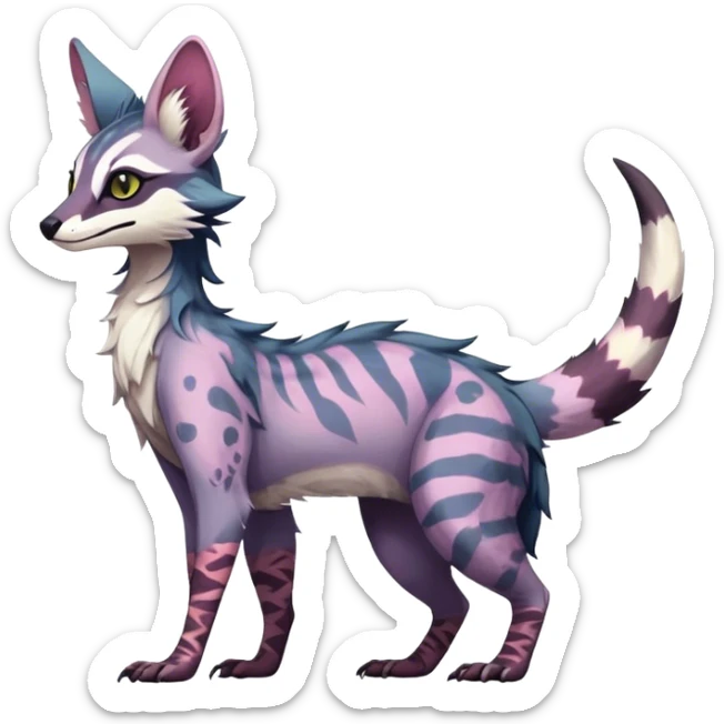 Feral Rare Fantasy dark colorful pastel vibrant Vernid-Sergal-Genet-Trico-species by LiLaiRa, random markings, tufted tail, tufted ears, full body sticker