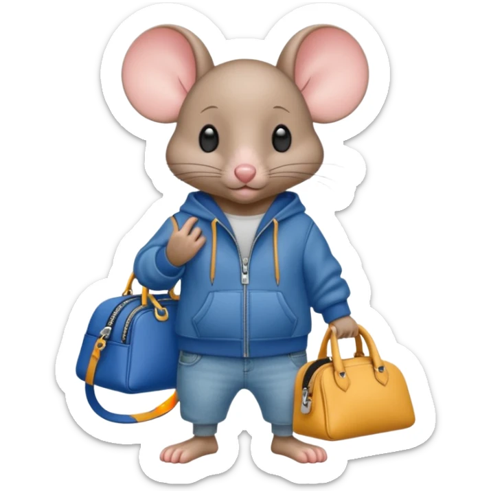 A fashionable mouse in wide jeans and a zip hoodie with a Balenciaga bag sticker