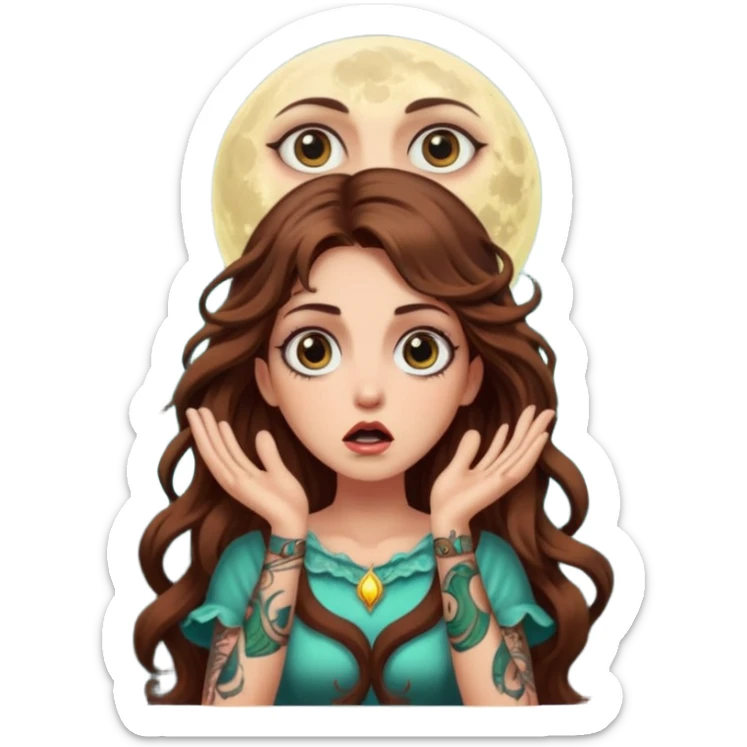 shocked forest mystic woman long wavy brown hair tattoos wide eyes moon glow sticker