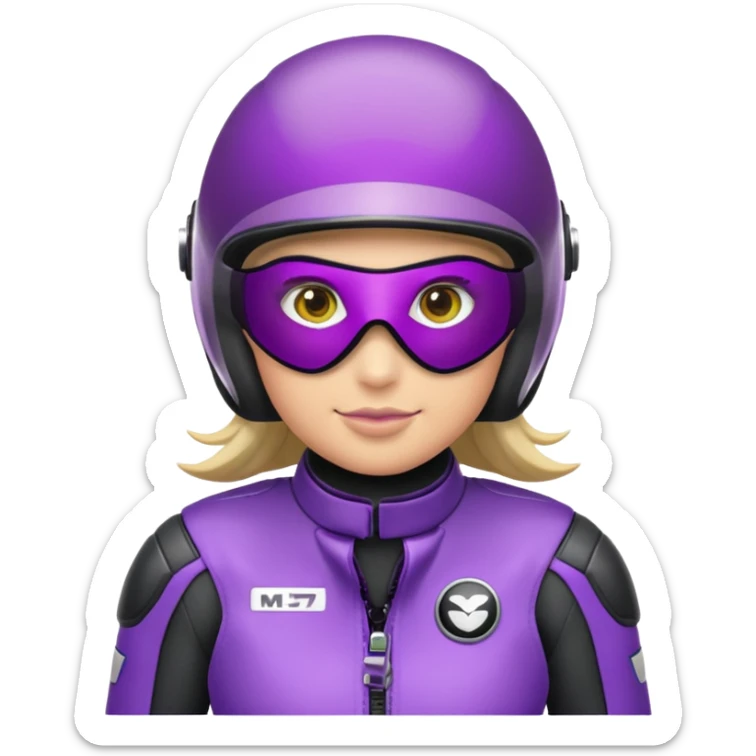Créer un emoji avec une moto mt07 sport noir mate / violet iridescent très foncé, pare-brise de la moto violet. Avec une femme pilote dessus, visage masqué par la visière violette . Avec en arrière plan cercle violet. sticker