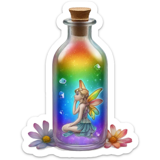 Antique oil bottle made of crystal glass of all delicate colors of the rainbow, a living flower fairy sits at the bottom of the bottle sticker