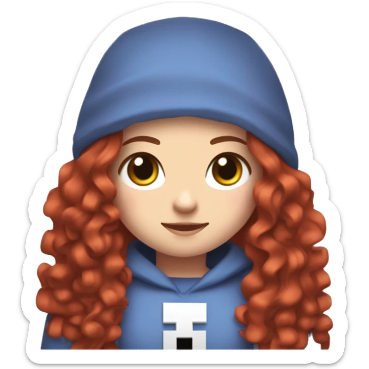 a white girl with long red curly hair, wearing periwinkle Minecraft hoodie holding a controller sticker
