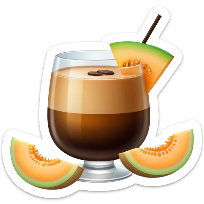 dark coffee carajillo drink in a glass with a slice of cantaloupe melon on the side sticker