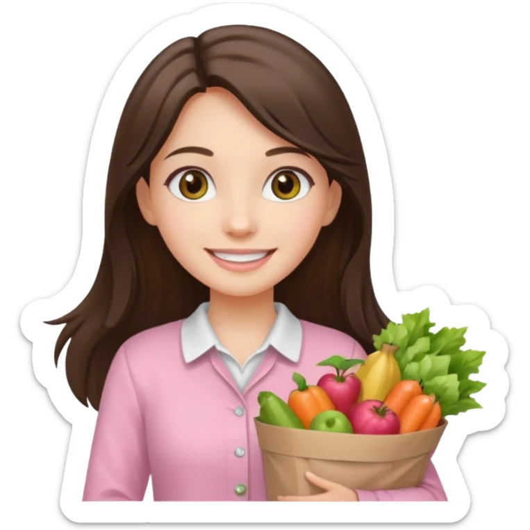 smiling long brunette hair girl hazel eyes wearing light pink clothes holding groceries sticker