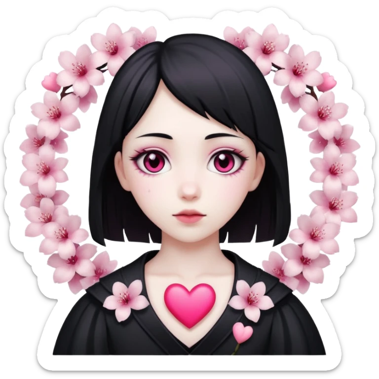 goth sakura heart, heart made of white sakura petals with pink accents sticker