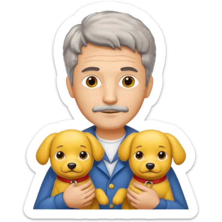Italian man with no mustache and salt and pepper hair holding two yellow dogs sticker