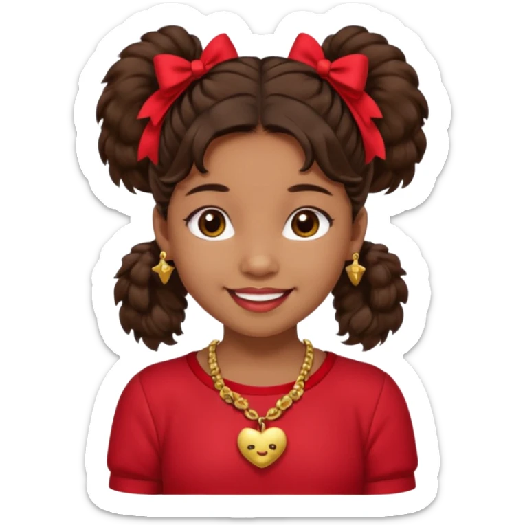 Brownskin girl dark brown hair fluffy. pigtails with red bows brown eyes smiling closed mouth red shirt gold esrrings gold necklace sticker