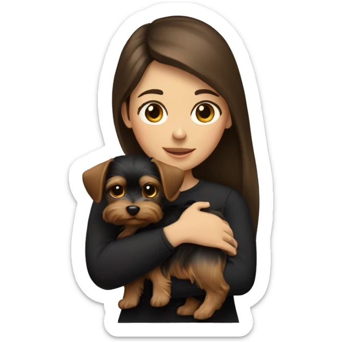 A brunette girl with long hair in a black long sleeve holds a small Yorkshire terrier puppy in her arms sticker