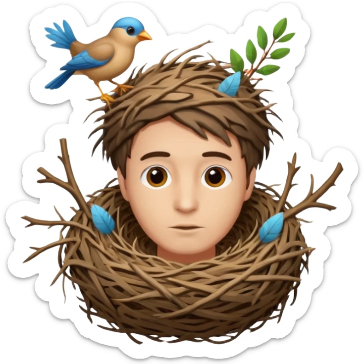 Man who has a birds nest on top of his head for hair sticker