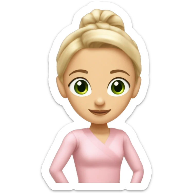 Blonde green eyed girl in a pink Pilates outfit with a beige ballet wrap Cardigain around. Medium tanned. And hair in a ponytail sticker