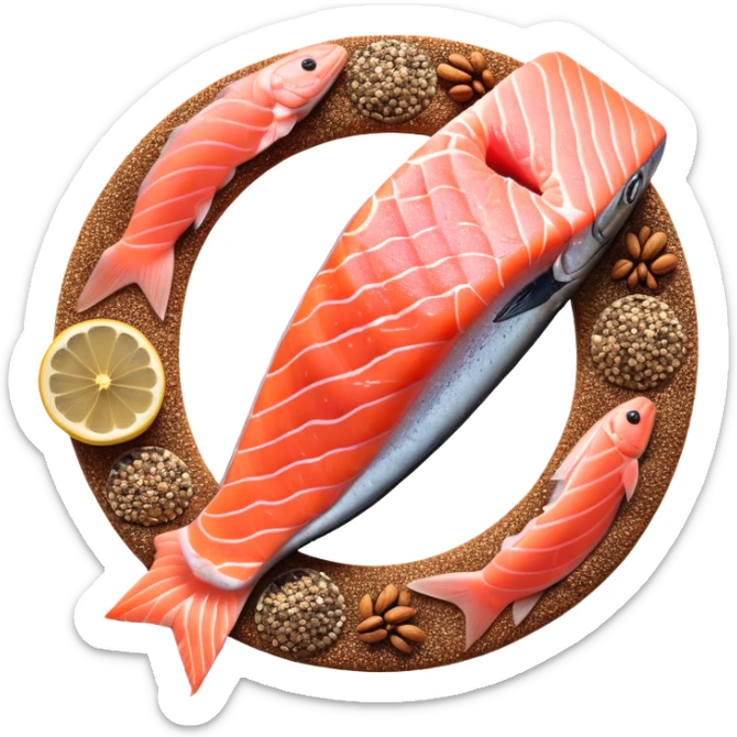 Floating arrangement of omega-3 rich foods: fresh salmon fillets, walnuts, flaxseeds, chia seeds and golden omega-3 capsules, all emitting a soft golden glow. The foods orbit around a central shimmering omega symbol, with gentle flowing energy connecting them. sticker