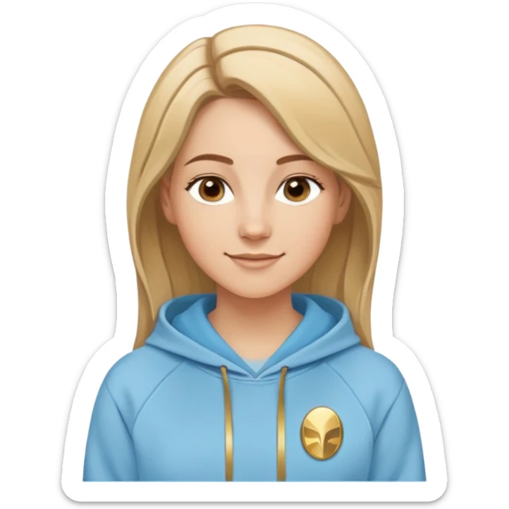 Caucasian female with oval face, straight brown-blonde mixed hair (more brown) with side part, serene smile, light blue sporty hoodie with gold and white fantasy details sticker