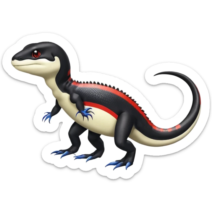 Black and white Orca-hybrid-reptile-reptilian-lizard-skink-gecko-Digimon-Fakémon-Pokémon-fusion-hybrid full body, two legs, two arms, claws, anthropomorphic, with red stripe sticker