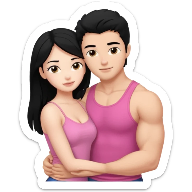 a pretty bratz fair girl. black hair, wearing a pink cami top hugging a handsome fair guy with black hair. lean but muscular sticker