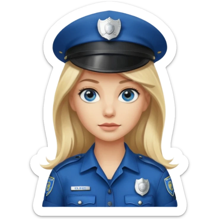 A blonde long hair woman wearing a dark police hat with a silver badge, looking straight ahead with a calm expression. sticker