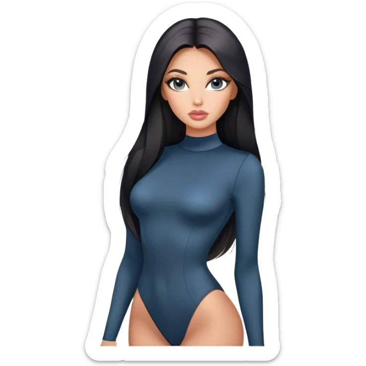 Glamours, tanned, very beautiful girl, with big pump peach-beige-rose lips, long long lashes, black straight smooth silky long hair, straight parting hair, blue-grey eyes in black long-sleeves bodysuit sticker