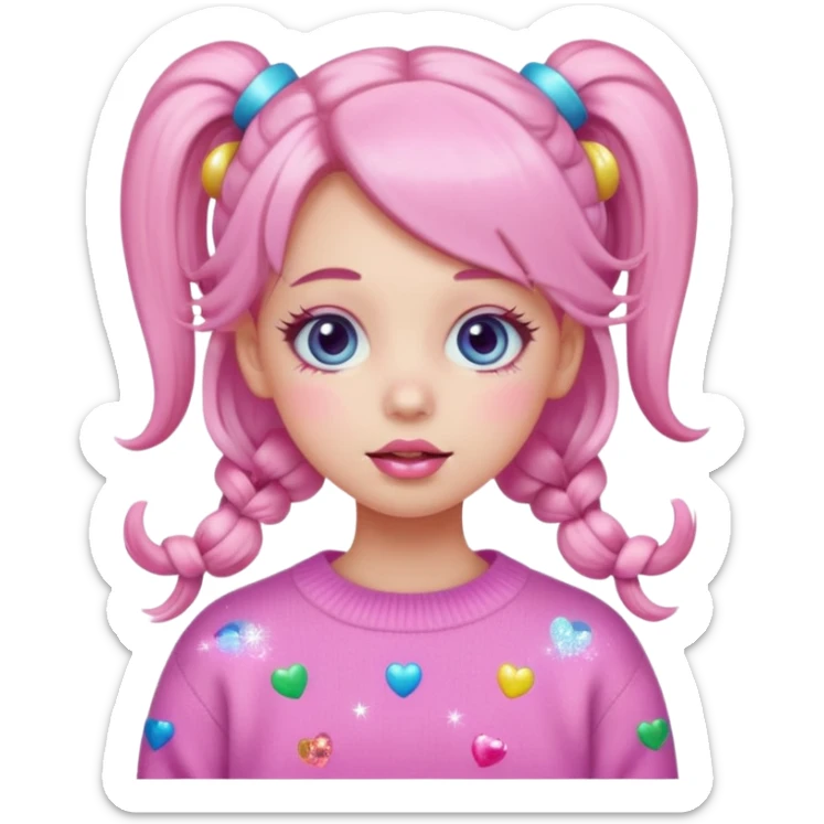“Emoji girl, pastel pink blush, sparkly wide eyes, glossy bubblegum lips, hair in pigtails with colorful clips, oversized pastel sweater.” sticker