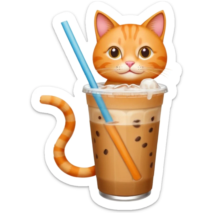 Gato naranja tomando café frio con un popote tomando el popote con sus patitas sticker