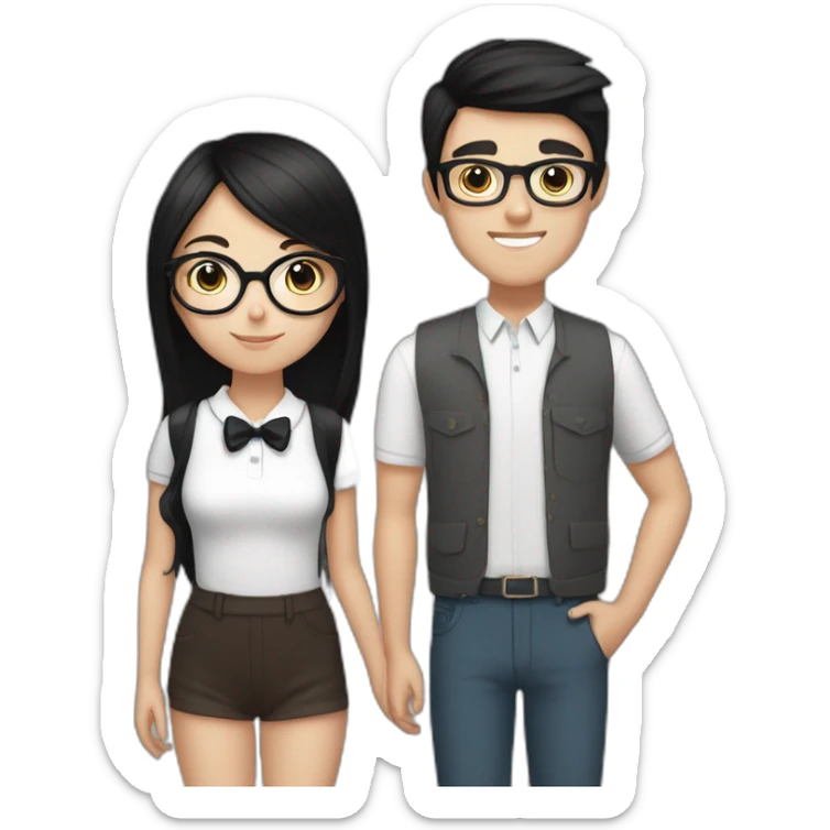 white girl with straight black hair and glasses with brunette boy with a bow and a black and white cat sticker