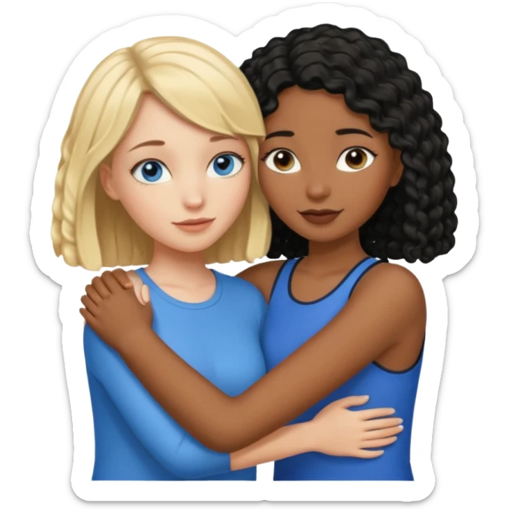 Girl best friends: one taller white girl with straight blond bob and blue eyes, one shorter black girl with long black curly hair, hugging sticker