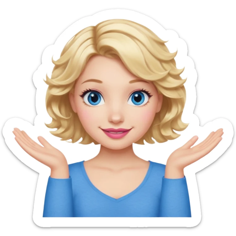 Girl Blonde short wavy hair,  blue eyes, cute blue top, long lashes, pink lips, smiling, making an x with arms  sticker