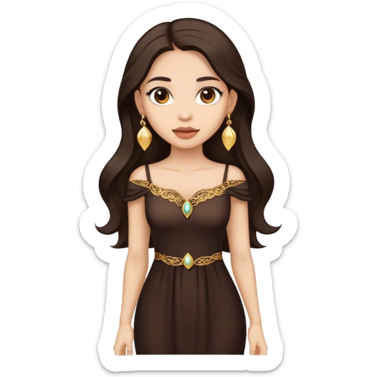 Beautiful woman,cute, long dark brown hair in dark dress with gold earrings sticker