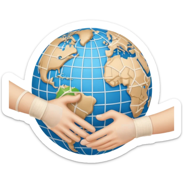 Generate an emoji of two hands shaking in front of a globe. Have the global have a bandage wrapped around it. sticker