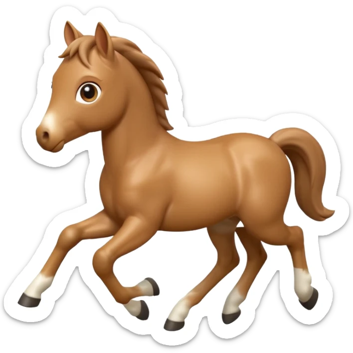 3D Apple-style emoji of a running foal. Small young horse with light brown body, short mane, big eyes, rounded and glossy, smooth shading, white background.

 sticker