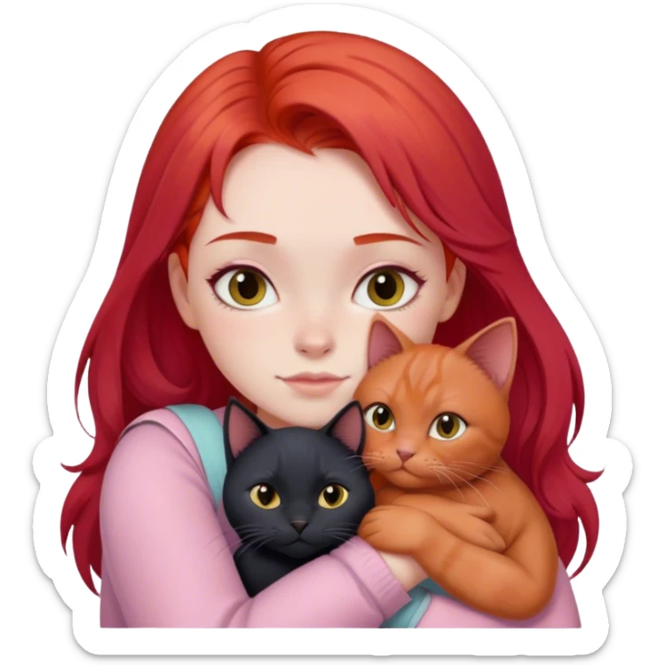 
a girl with red hair in pastel clothes hugs a black British cat sticker