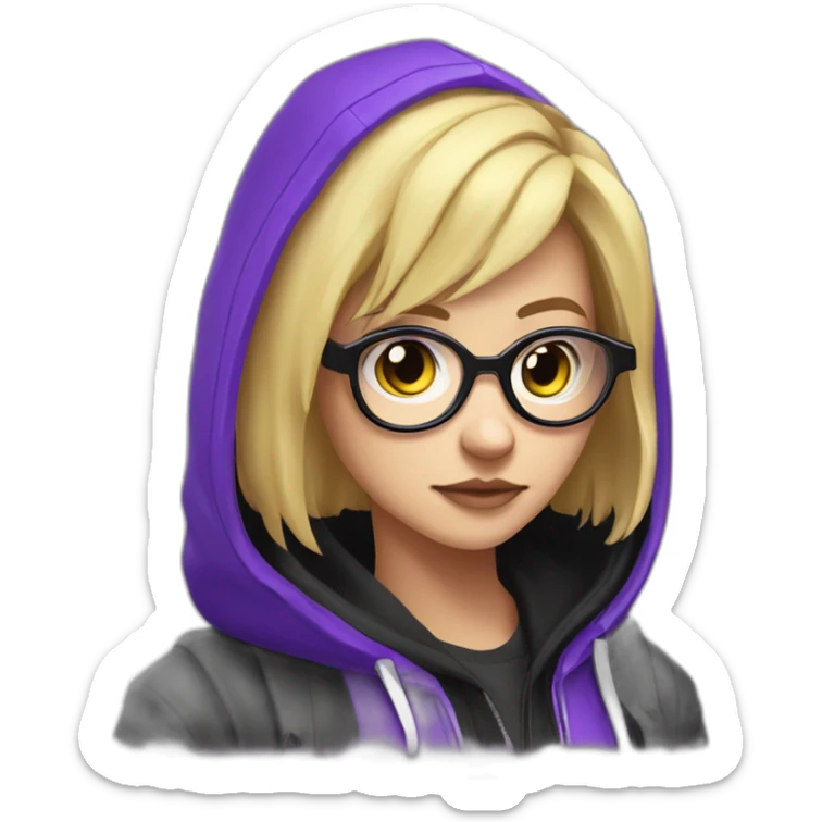Girl blond artist with round glasses left side behind his laptop with this style: valorant riot Game purple character purple black hooded hacker themed character sticker