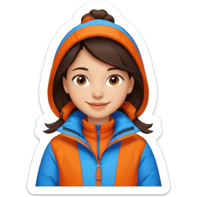 A girl with dark brown hair smiling light skin and brown eyes, that she is wearing an orange and blue snow jacket, that the jacket is not hairy sticker