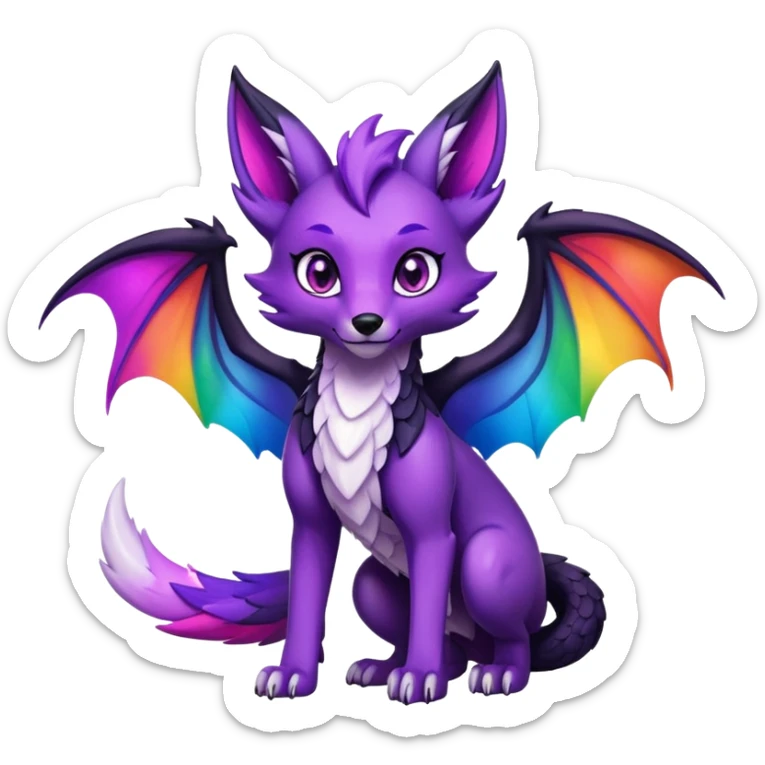 Black Cartoon Fox dragon hybrid purple eyes with wings face front full body dark rainbow colored sticker
