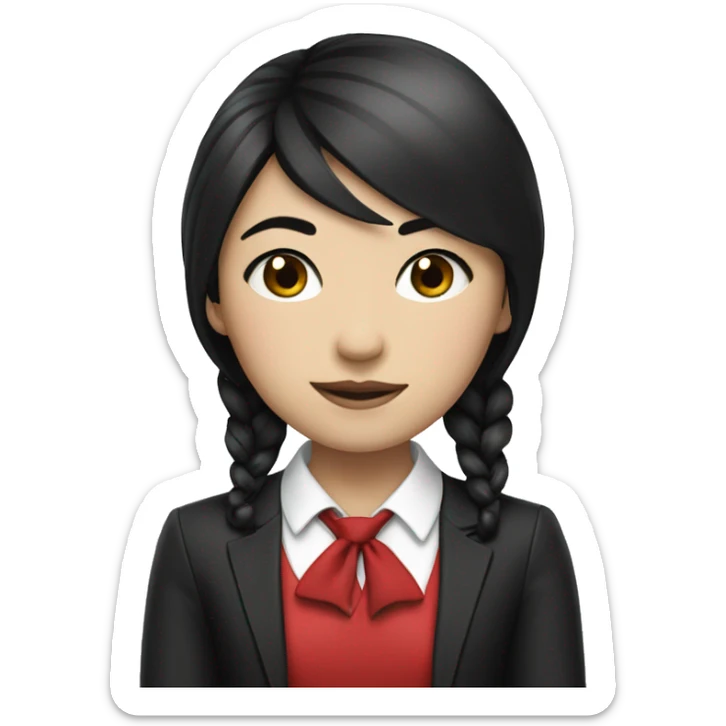 Asian girl with black hime cut hairstyle, wearing a red suit with a black cross tie.  sticker