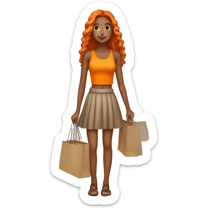 Tan girl with long orange hair wearing a skirt and crop top outfit holding shopping bags sticker