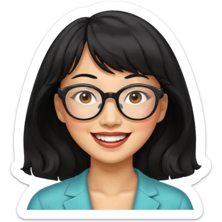40 yr old asian woman wavy black hair bangs big glasses big smile tanned skin sticker