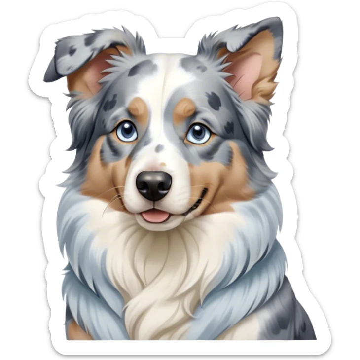 Cinematic Noble Blue Merle and White Australian Shepherd Portrait Emoji, Poised and regal, with a strong, agile build and a well-groomed blue merle coat accented by crisp white markings, piercing blue eyes, Simplified yet sharp and sophisticated features, highly detailed, glowing with a soft, dignified glow, high shine, intelligent and loyal, stylized with an air of strength, focused and attentive, soft glowing outline, capturing the essence of a watchful and confident herder, so majestic it feels as though it could step out of the screen with effortless authority! sticker