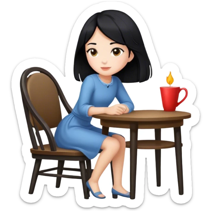 Side view of a girl sitting in a chair at a table with black hair  sticker