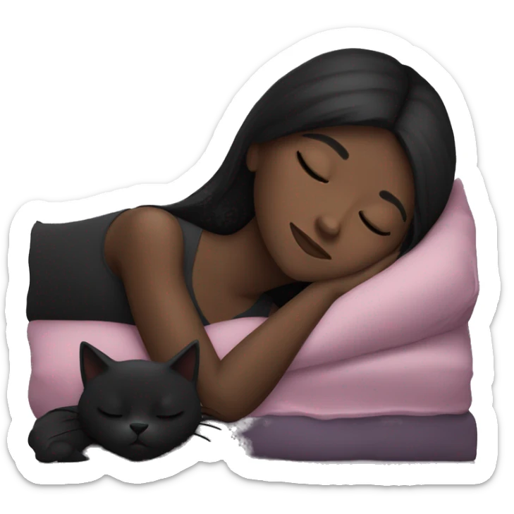 Brunette girl sleeping . The girl has a black long hair and dark skin with black cat  sticker